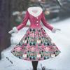 Women's Casual Hooded Dress Long-Sleeve V-Neck Patchwork Fleece Christmas Print Dress