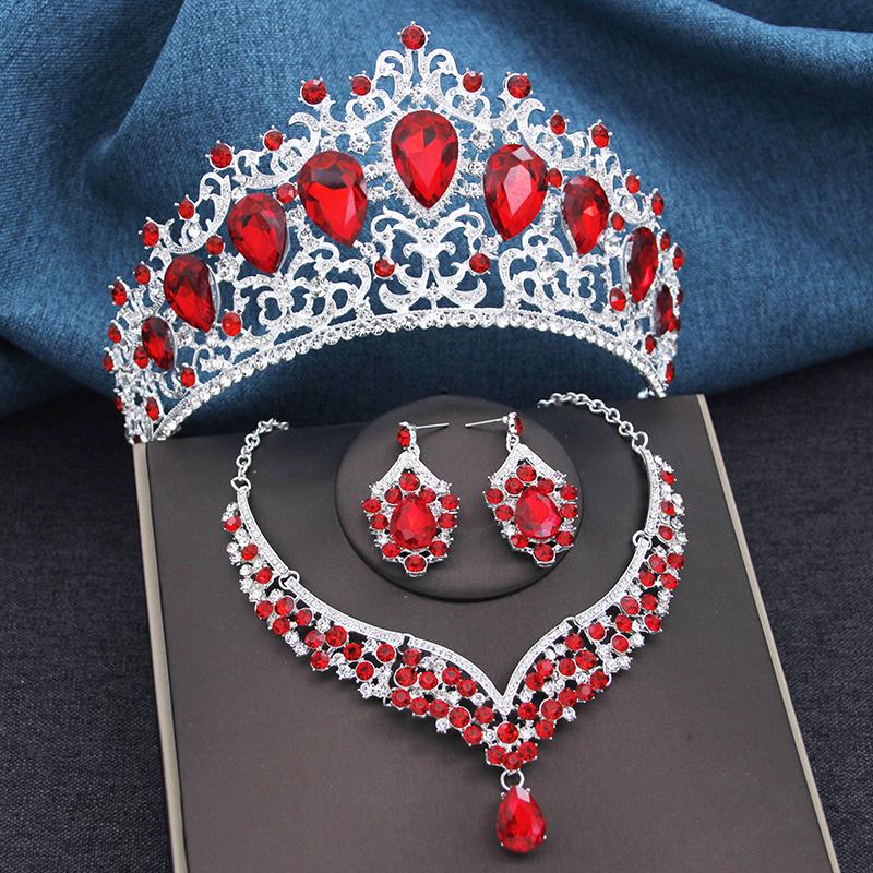 Gorgeous Blue Crown and Necklace Earrings Sets for Brides Prom Large Tiaras Princess Diadem Bridal Dubai Jewelry Set Wedding