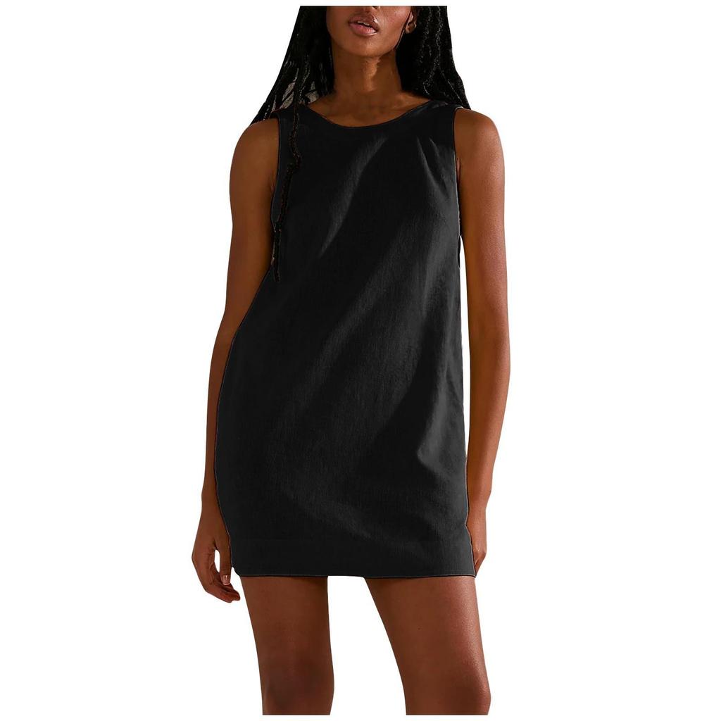 Summer Women's Cotton Linen Comfortable Solid Colour Sleeveless Backless Pocket Dresses