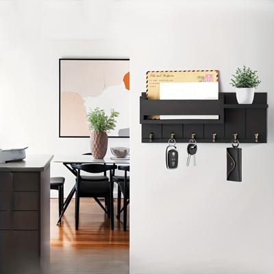 Wooden Home Key Holder with 6 Hooks Open Shelf Rustic Wall Mount Key Organizer Multi-purpose Home Office Entryway Decorative Key Hanger Rack