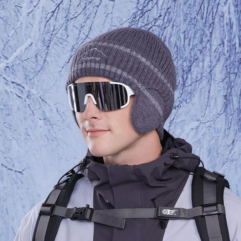 

Зимняя вязаная шапка для защиты ушей, женская уличная бархатная теплая шерстяная шапка, мужская шапка для катания на лыжах, утепленная темно-серого