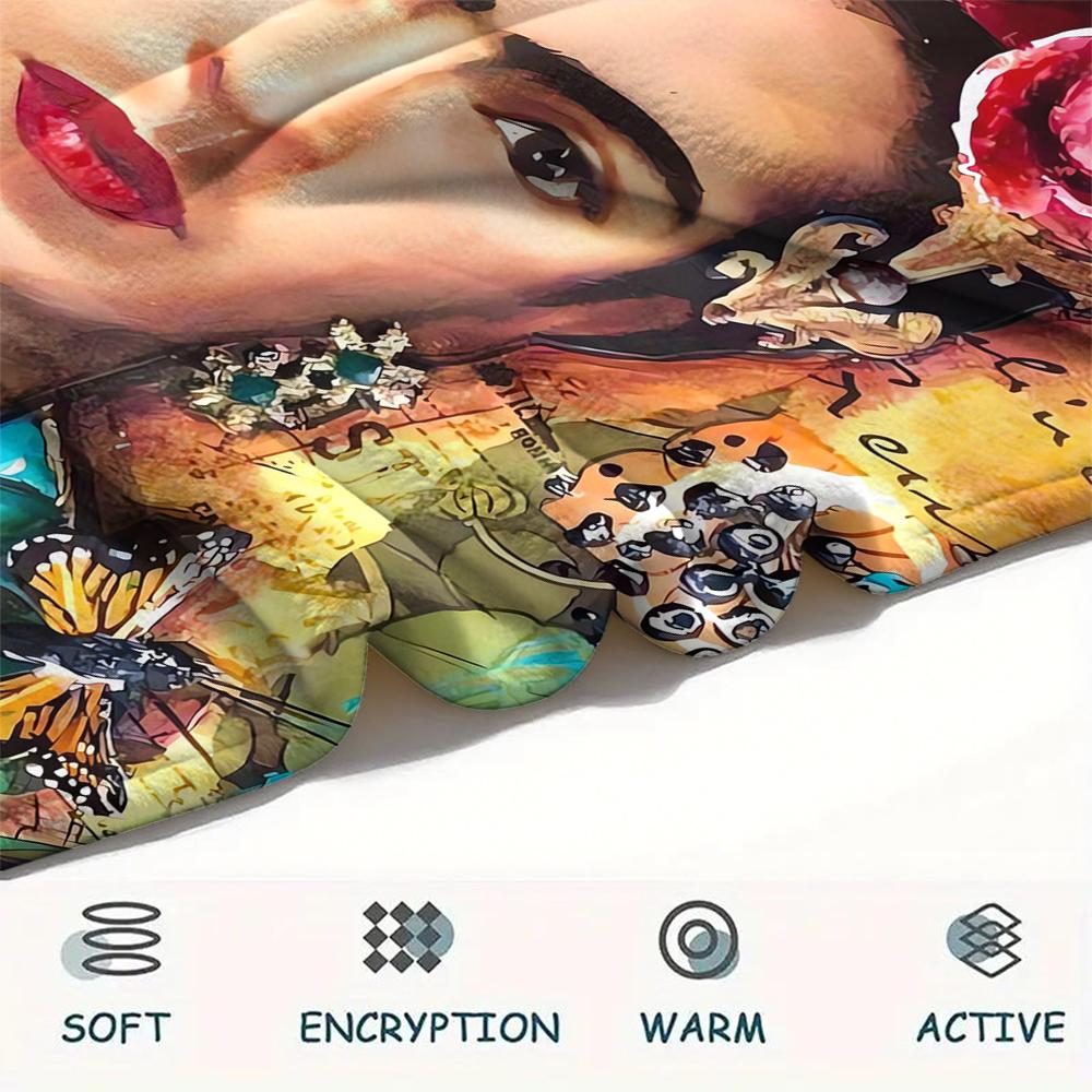 1Pc Frida Kahlo Print Flannel Blanket, High Quality Comfortable for All Seasons, Home Decor, Warmth and Comfort, Perfect for Christmas Gifts