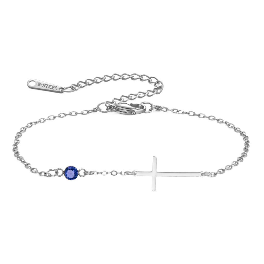 Trendy Jesus Cross Birthstone Charms Bracelet Stainless Steel 12 Birth Month Bracelets for Women Girls Jewelry Birthday Gifts