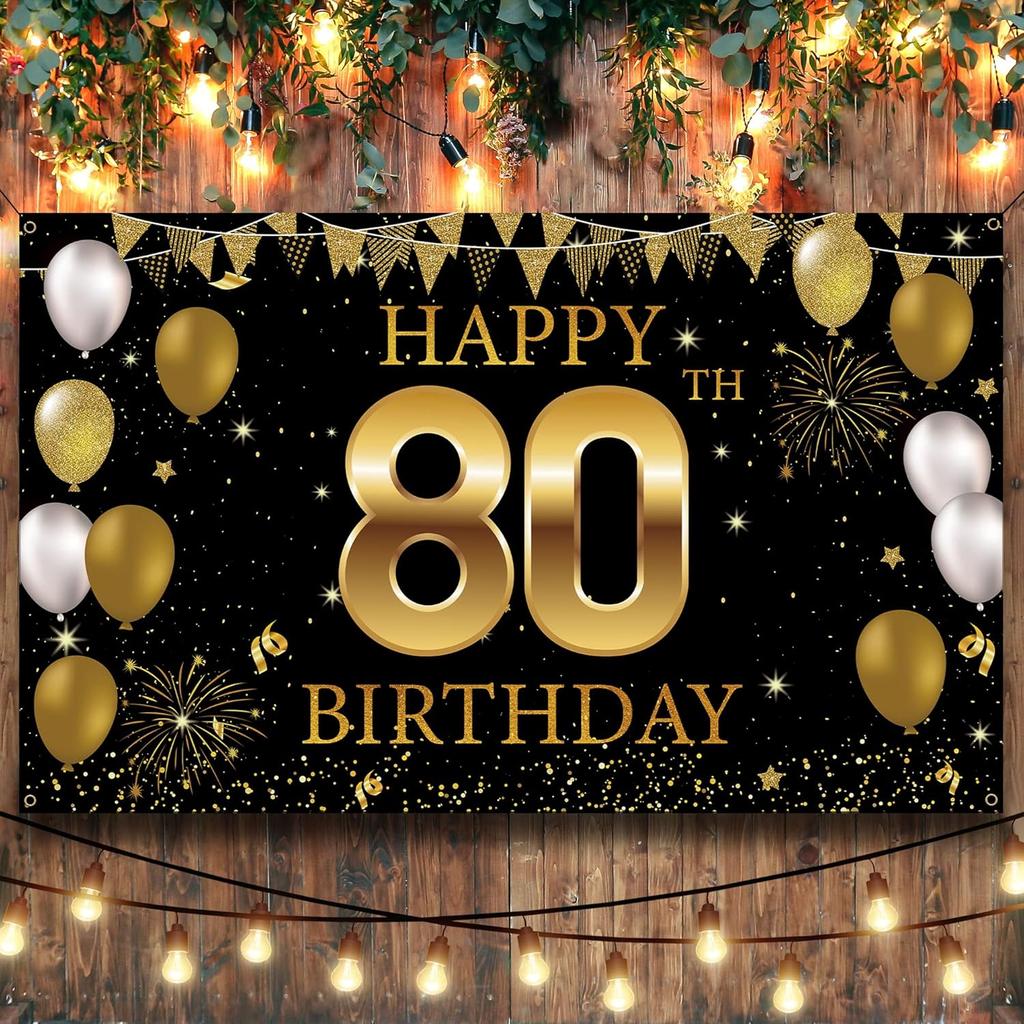 80th Birthday Party Decorations Backdrop Banner, Happy 80th Birthday Decorations for Men Women, 80 Years Old Birthday Photo Booth Props Black Gold,