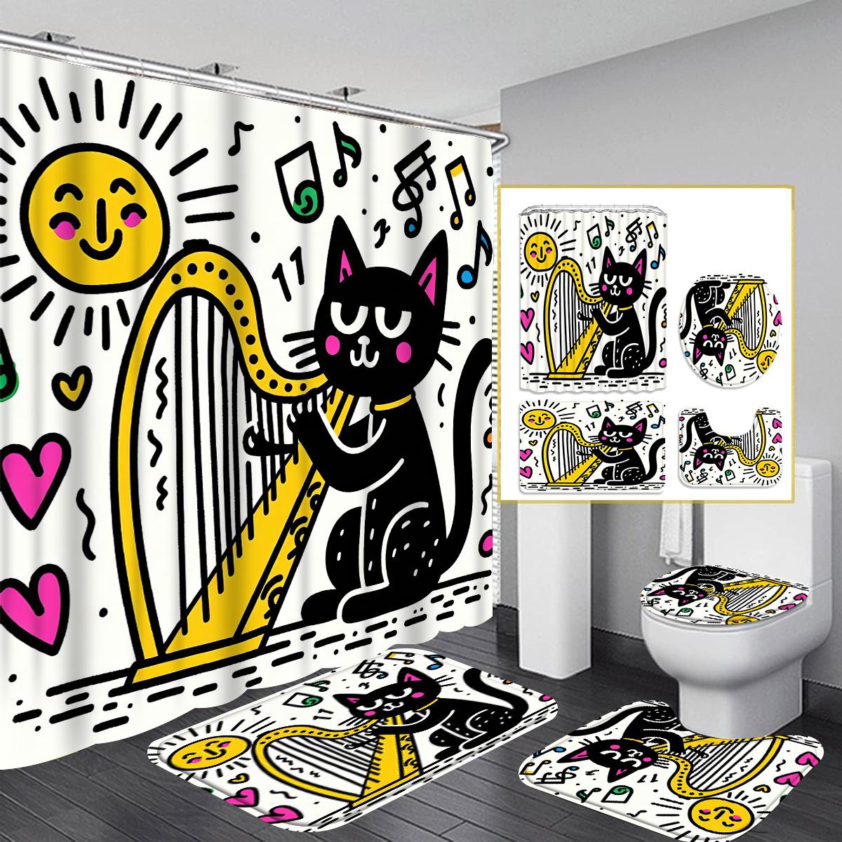 

4pcs Shower Curtain Set with 12 Hooks - Waterproof Shower Curtain, Non-Slip Bath Mat, Toilet Seat Cover And U-Shaped Rug 90x180cm