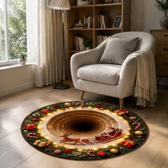 Santa Claus Elk Print Rugs Christmas Round Area Rug, 3D Visual Trap Floor Mat with Print, Festive Entrance Hall Runners Non-Slip Stain Resistant