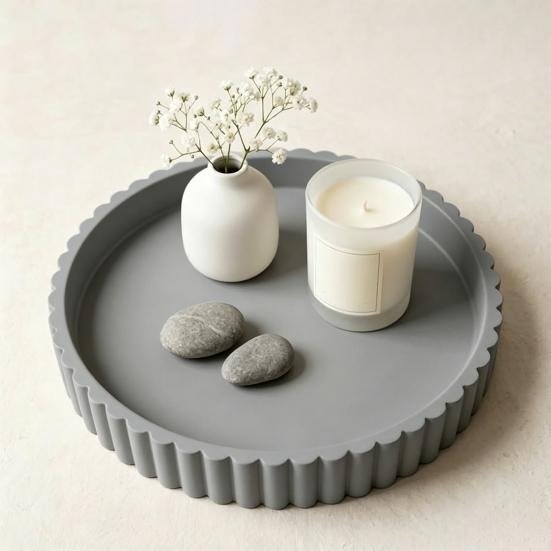 Round Decorative Tray for Coffee, Dining Table, Countertop, 3D Printed Scalloped Edge Serving Tray for Farmhouse, Kitchen, Home, Living Room