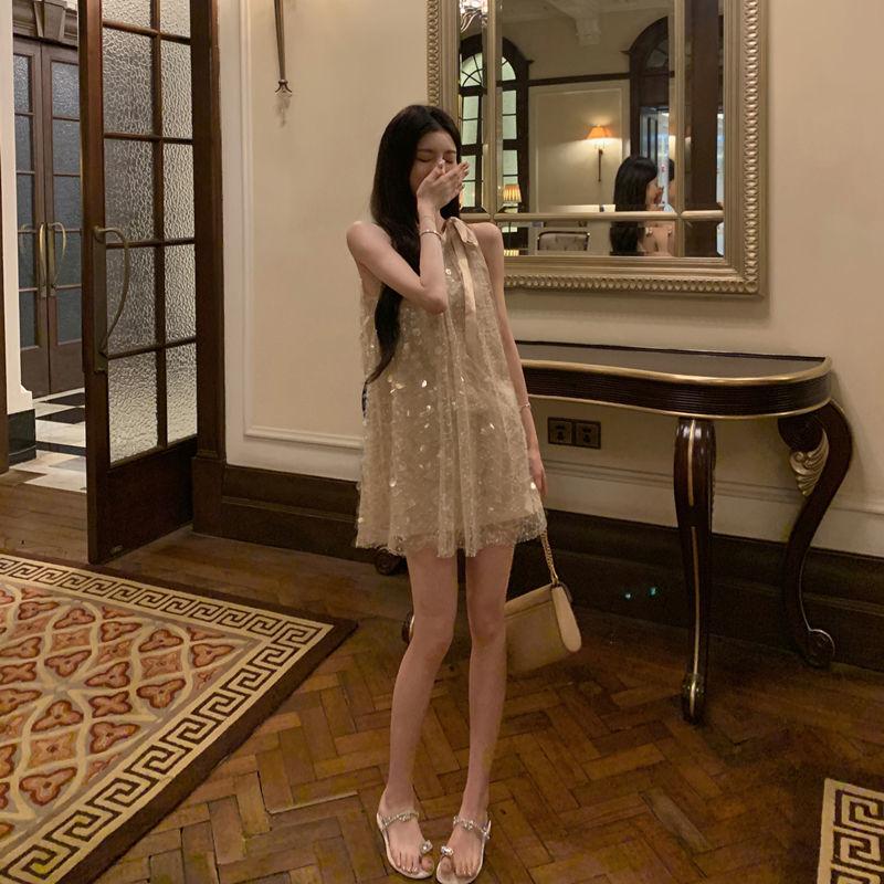 Beach Vacation Sequin Halter Neck Dress Women's Summer Design Suspender Skirt High-end Autumn Inner Skirt