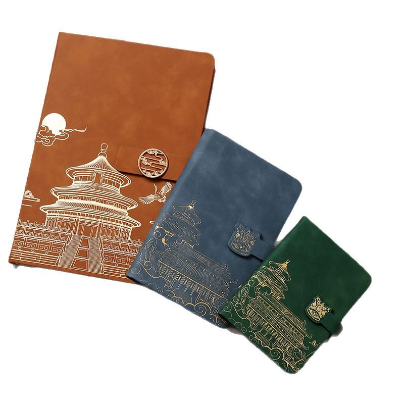 A5 Chinese Palace Museum Soft Leather Diary with Gold Stamping - Creative High-Value Buckle Pocket Notebook