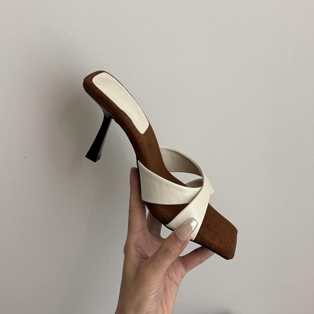 European and American style square head cross belt color matching one-word slippers 2025 summer new open-toed stiletto high-heeled cool slippers