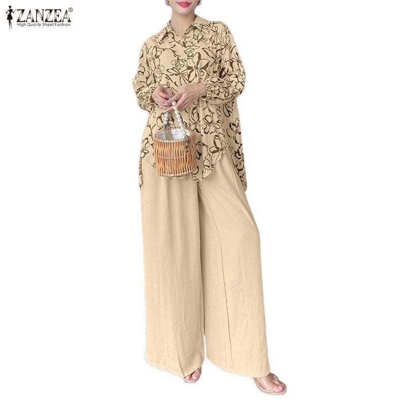 ZANZEA Bluză cu mânecă lungă și pantaloni cu imprimeu pentru femei, seturi casual din două piese