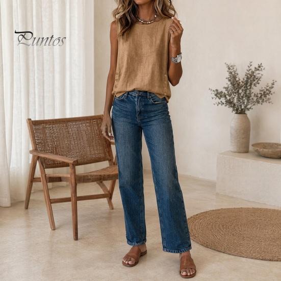 Loose Fit Tops Summer for Women, Round Neck Sleeveless Pullover Tops, Pure Color Stretchy Women Regular Vest Work Party Vacation Office Date