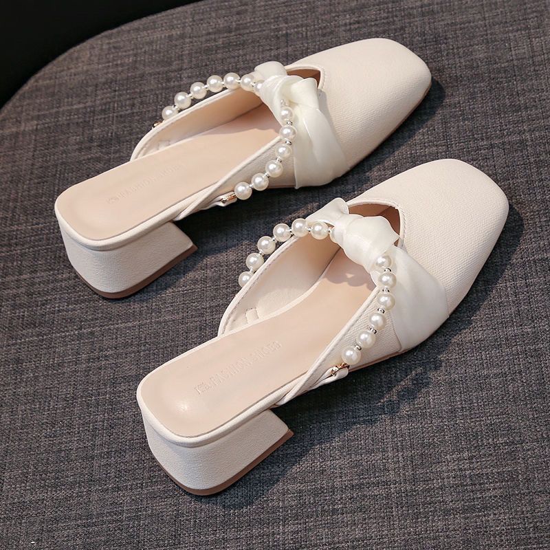Soft Leather Half Slippers Fairy French Pearl Bag Head Slippers 2025 Spring and Summer New High Heels Lazy Outer Slippers