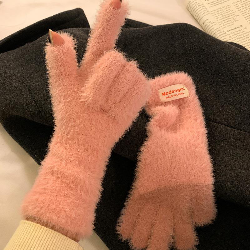 Plush  Soft and Waxy Finger Gloves for Women in Winter Versatile Long Style  Thickened and Warm  Student Cycling Fingerless Touch Screen