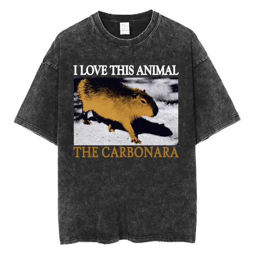 Amare Box No Thoughts Head Empty Japanese T-shirt Capybara Vintage Washed T Shirt Men Women Loose Short Sleeve Tees