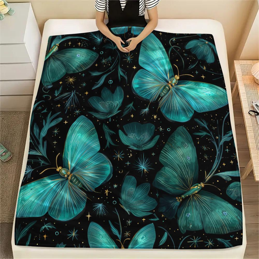 Cyan Butterflies Print Flannel Blanket, High quality Comfortable for All Seasons, Home Decor, Warmth and Comfort