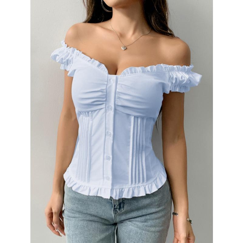 Summer Short Sleeved Rufffled Women Vest Sweet Slim Fit Blouse Solid Color Simple Pleated V Neck Shirts Fashion Elegant Women's Clothing