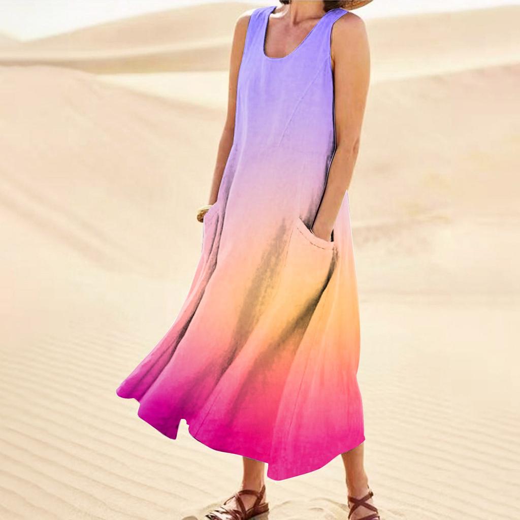Lässiges, bequemes, ärmelloses Baumwolltaschenkleid mit Farbverlaufsdruck für Damen