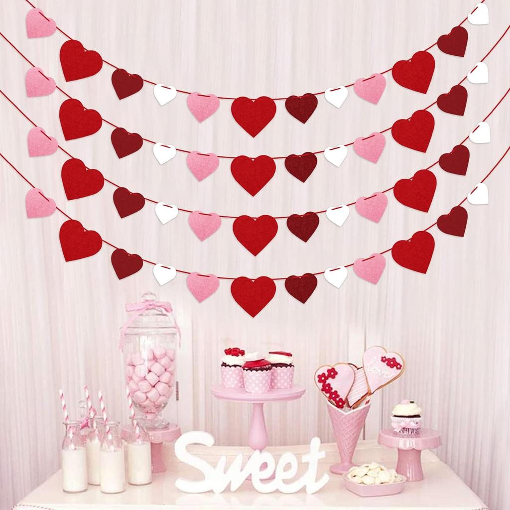 4Pcs Valentines Felt Heart Garland Banner- NO DIY- Valentines Decorations- Valentine Party Decorations Supplies- Valentines Burgundy Pink Red White
