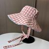New ins plaid strappy bucket hat women's summer outdoor travel big brim double-sided sun protection visor hat