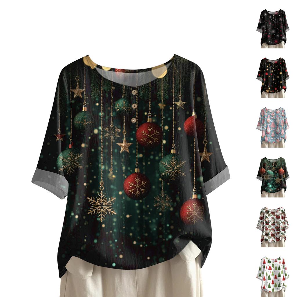 Women's Fashionable And Casual Shirt Half-sleeve Round Neck Print Cotton And Linen Blouse Top