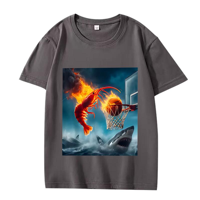 Shrimp Dunking on Shark Graphic tee Retro Fishing Meme T Shirt men women Oversized 100% Cotton  short sleeve Summer Unisextops