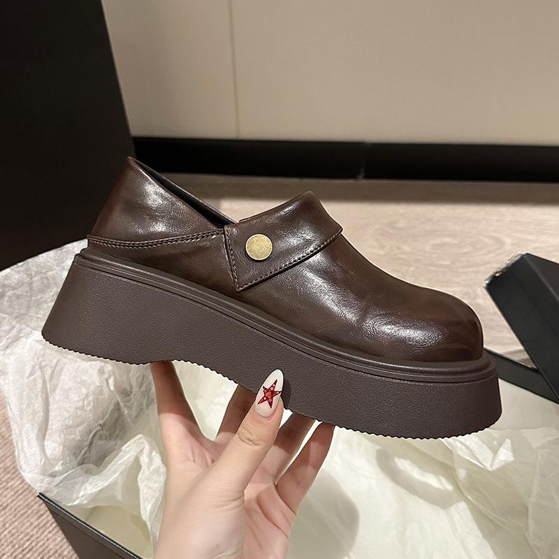 Loafers Women's 2025 Summer New Soft Leather Versatile Round Head Platform British Style Small Leather Shoes One-pedal Single Shoes