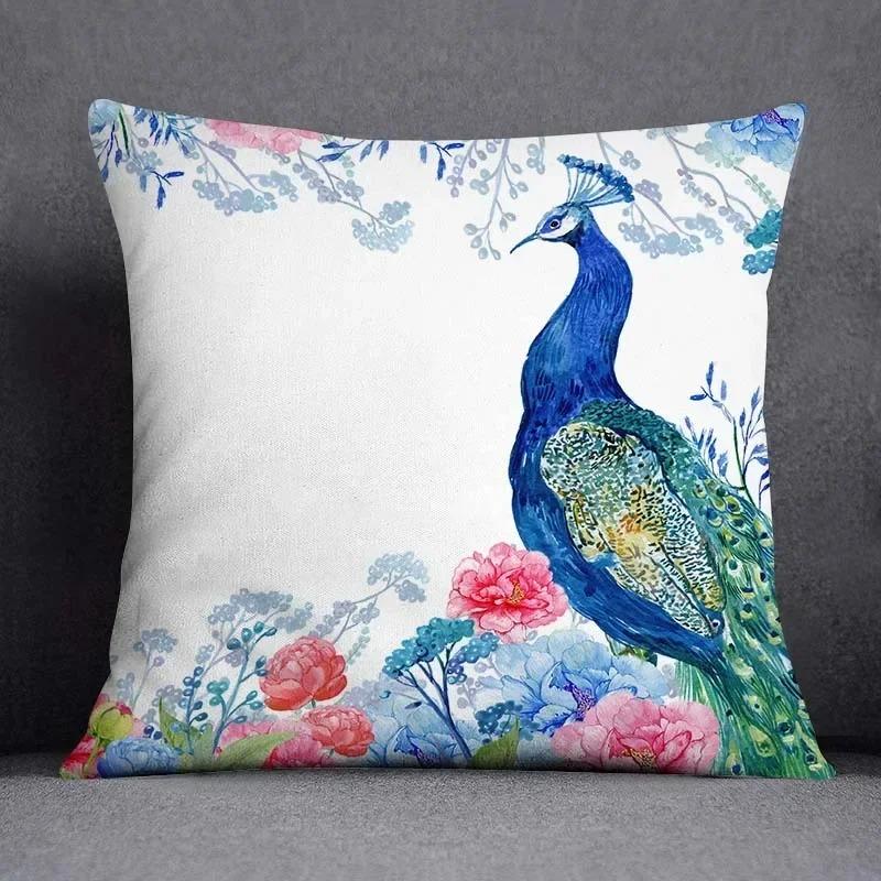Pfauen und Blumen Bedruckte Kissenbezüge Muster Kissenbezug Geeignet für Sofa Schlafzimmer Auto Kissenbezug