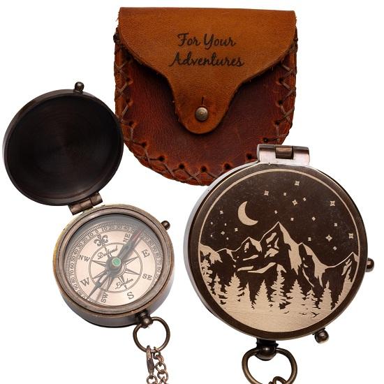 

Brass Compass with Leather Case Mountains Roads Pocket for Men Genuine Leather Pouch Stamped with For Your Husband, Father Son