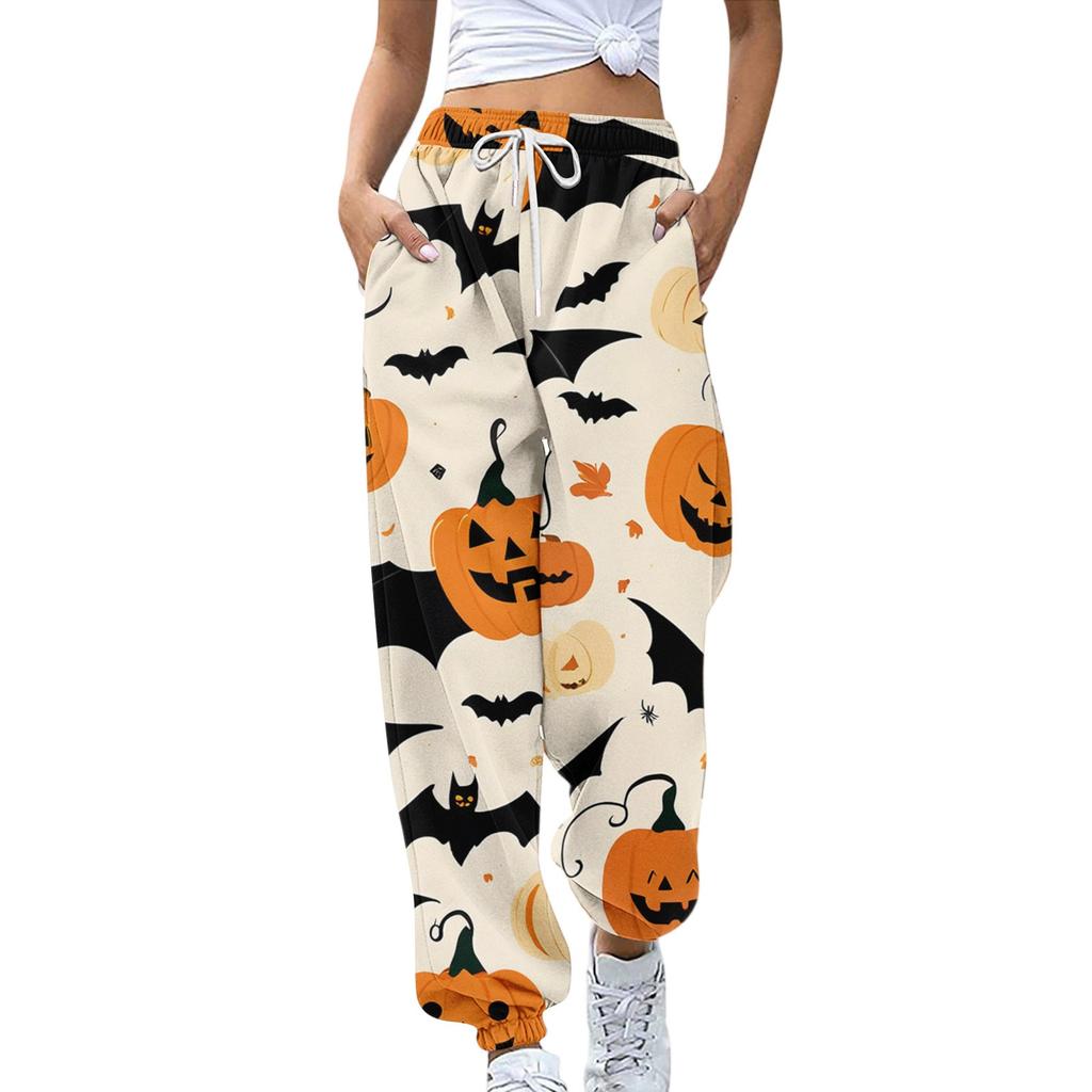 Damsportbyxor med fickor Mode Halloweentryck Elastisk midja Byxor Casual Sweatpants Byxor