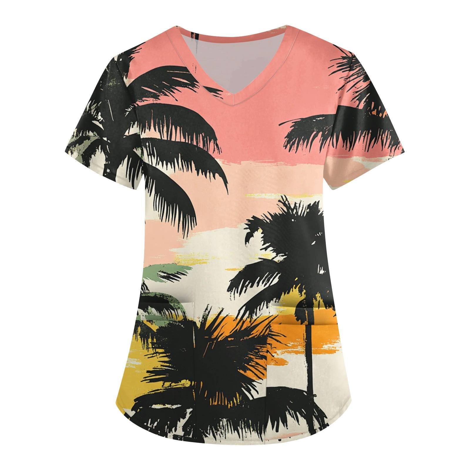 

Женская мода V-образный вырез с короткими рукавами рабочая одежда с карманом гавайский принт топ костюм для ухода XXXL киноварь