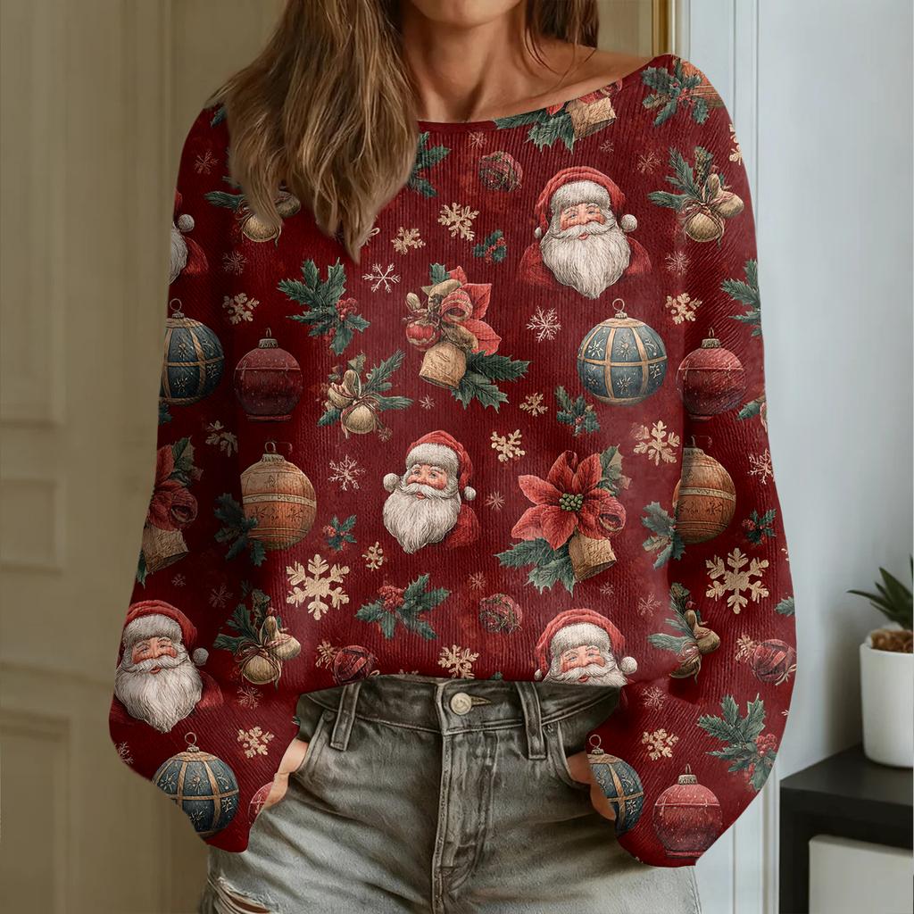 Women's Fashion Round Neck Long Sleeve Christmas Print Casual Pullover Sweater Top