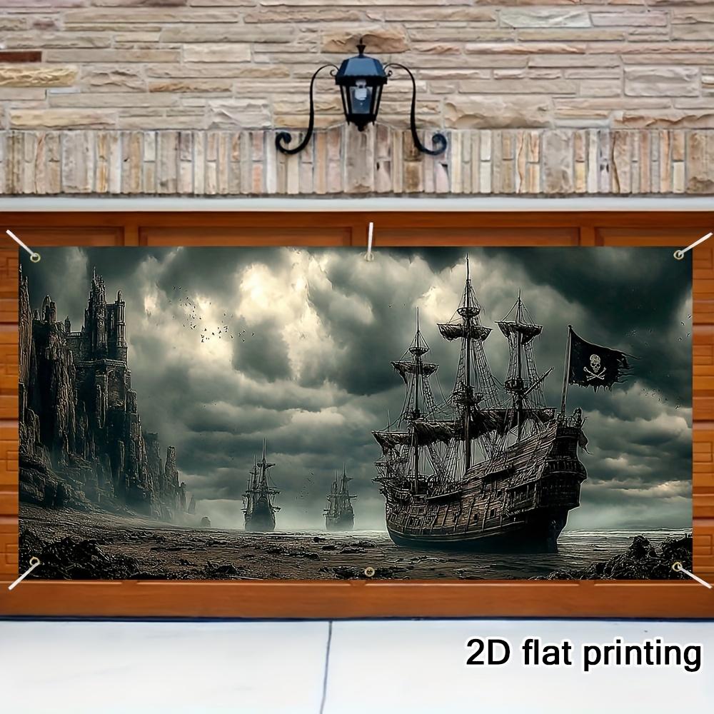 2D flat plate, 2D door curtain, 1 pirate ship garage sign - 2D flat printing of an abandoned pirate ship pattern 47.2x31.5inch/120*80cm