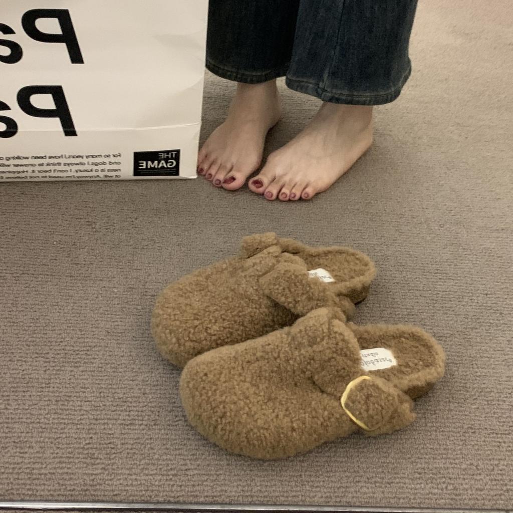 Thick-soled Sheep Curly Wool Plush Bag Head Half Slippers Women's Outer Wear 2025 Winter New Cork Wool Slippers One Pedal