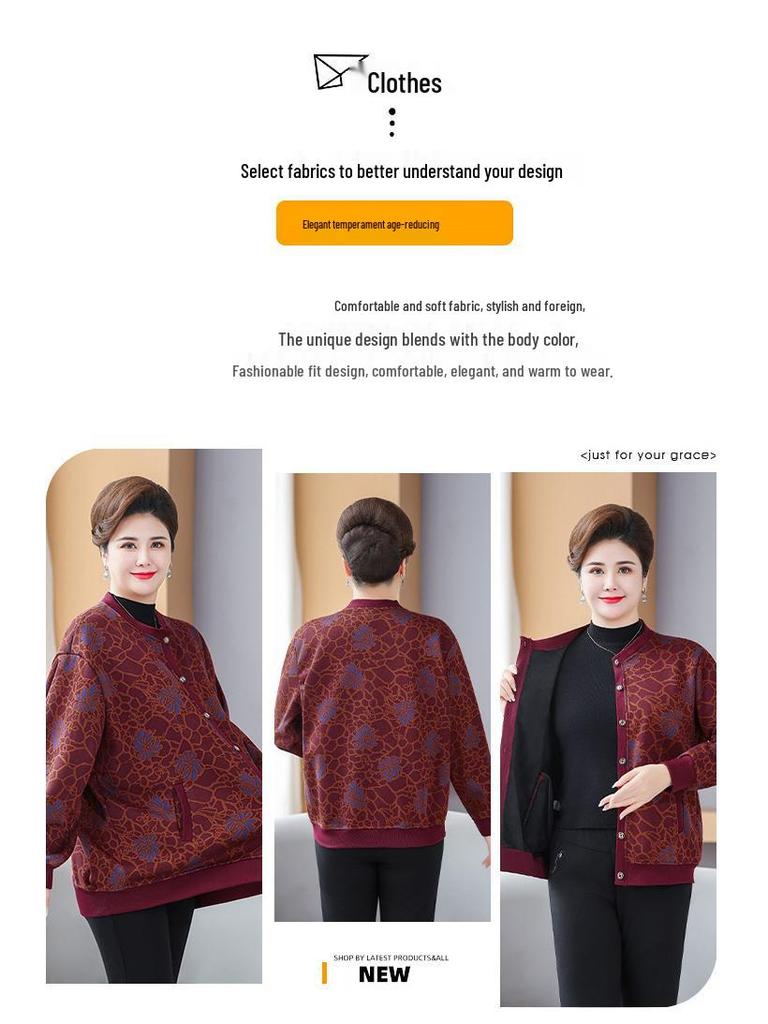 Fleece-Lined Knit Cardigan Jacket for Plus-Size Elderly Women for Autumn and Winter