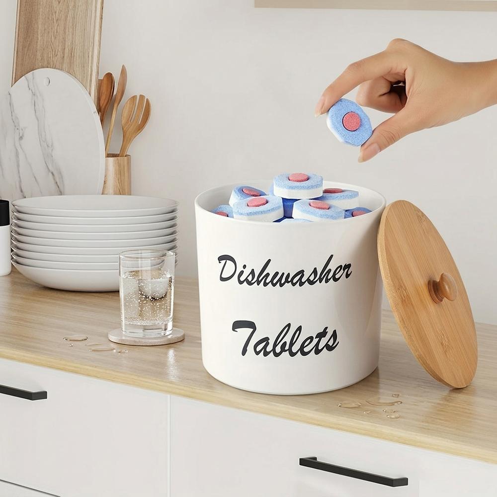 Dishwasher Pod Container with Lid Acrylic Dishwasher Detergent Container, Farmhouse Kitchen Tablet Organizer, Round