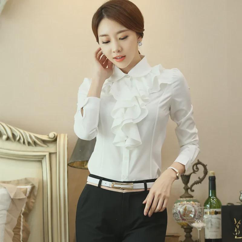 Spring Korean Style Doll Collar Ruffled White Chiffon Long Sleeve Slim Fit Women's Shirt