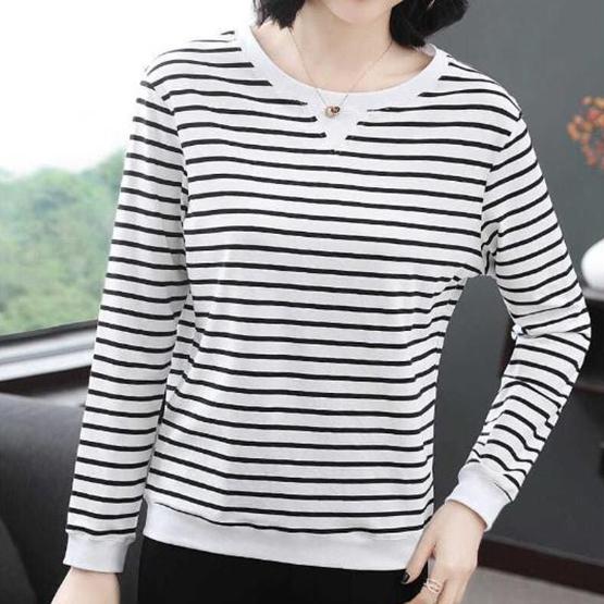 WTEMPO Dámský jarní pruhovaný svetr s dlouhým rukávem, velká velikost, dámský volný bavlněný kulatý výstřih, ležérní topy, velká velikost