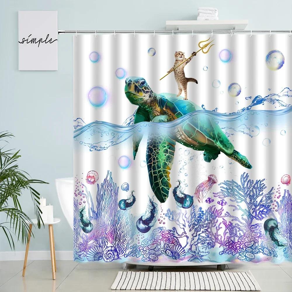 Creative Diving Dog Shower Curtain Starfish Coral Water Grass Fish Sea Turtle Bath Curtains Marine Animals Bathroom Decor Sets