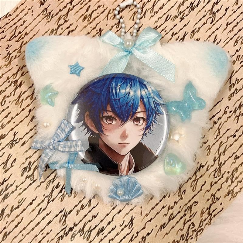 Fluffy Cat Ear Rosette with Ball Chain [Can Badge Ita-Rosette] Light Blue 56mm 57mm 58mm Oshikatsu Goods [Used]