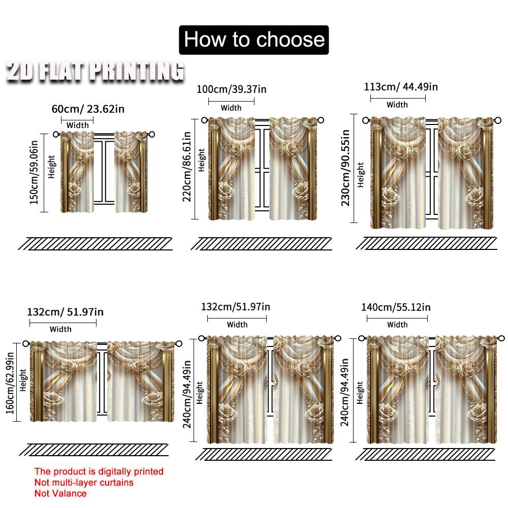 2Pcs Elegant Golden Flower Pattern Curtain For Home Decor Royal Style Curtains For Bedroom Office Kitchen Living Room