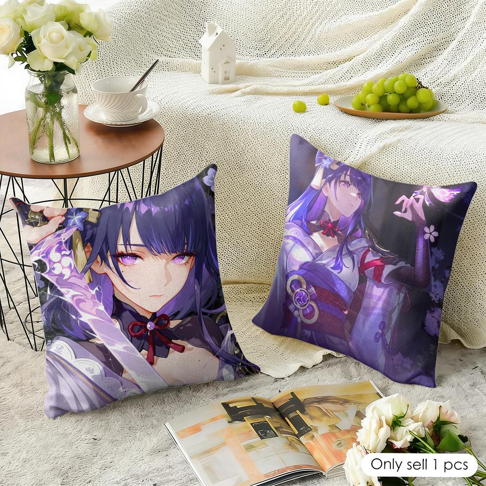 Raiden Shogun Genshin Impact Cushion Cover Natural Linen Organic Fabric DoubleSided Printing Sofa Home Decor Gift Pillow Case
