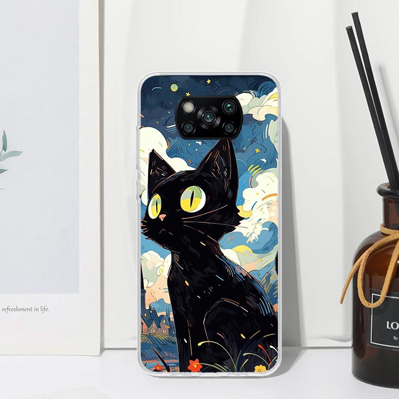

Anime Cute Black Cat Meow Phone Case For Xiaomi Poco X7 X6 X5 M7 M8 Pro F7 Ultra Redmi 15C 15 13C 13 12C 12 10 10C 10A Art Funda Redmi 9A