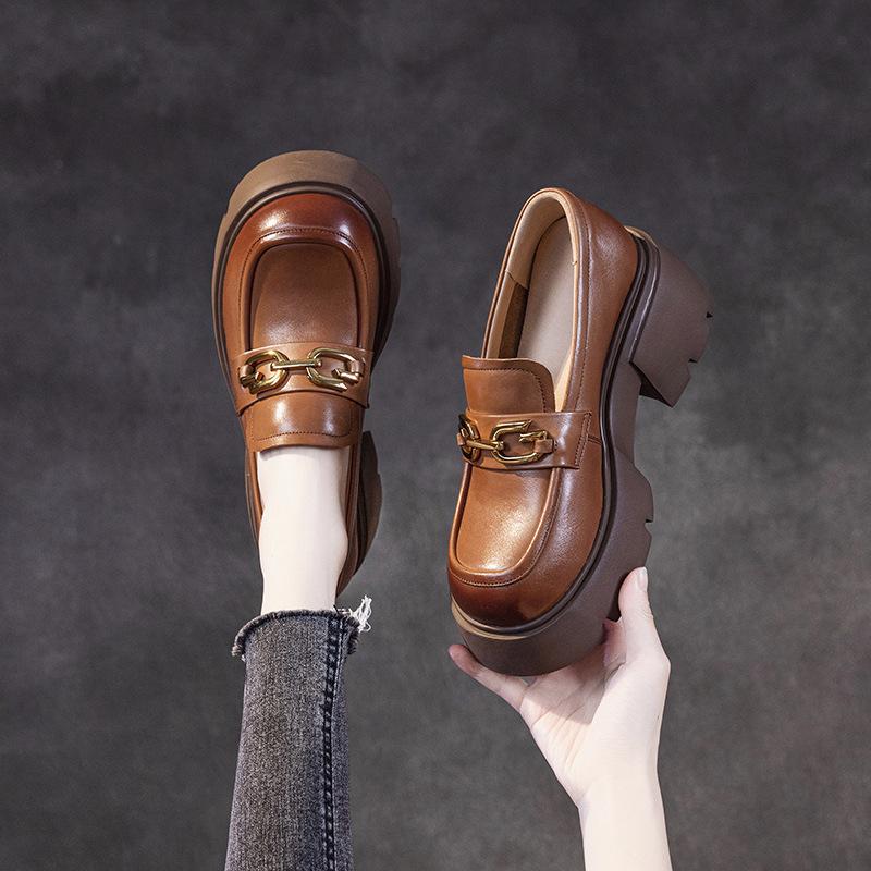The first layer of cowhide loafers women's autumn 2025 new leather muffin thick-soled retro casual women's single shoes