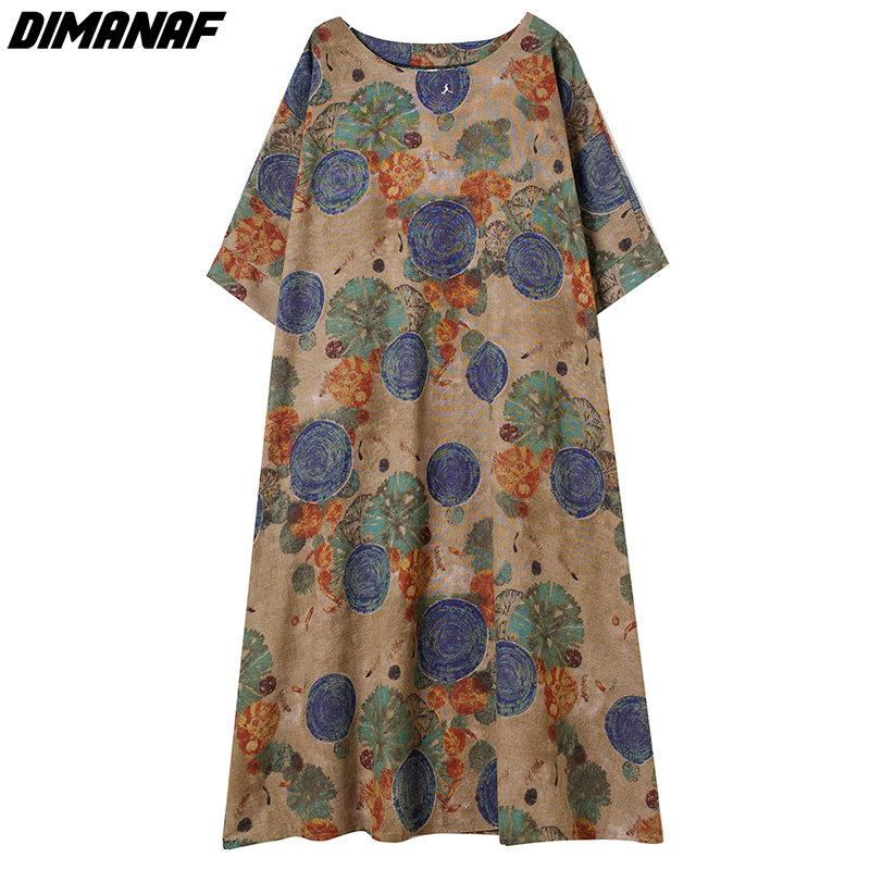 Dimanaf Plus Size Women 2023 New Summer Style Dress Short Sleeve O-Neck Floral Loose Dress Linen Basic Dresses