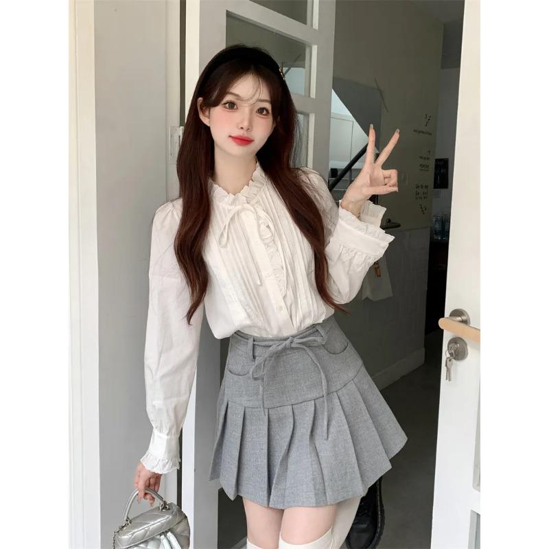 White Embroidered Earrings Lace-up Stand-up Collar Shirt for Women Spring and Autumn Chic French Retro Long-sleeved Inner Top
