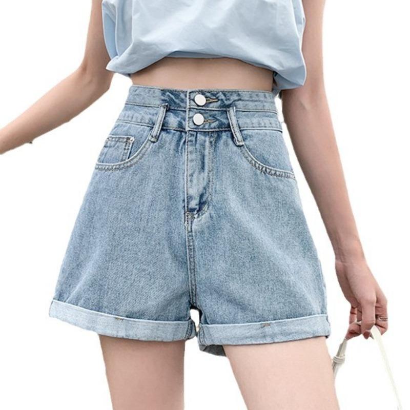 

Джинсовые шорты с подворотами для женщин на лето, корейские новые с высокой посадкой, универсальные простые широкие брюки XXL синий