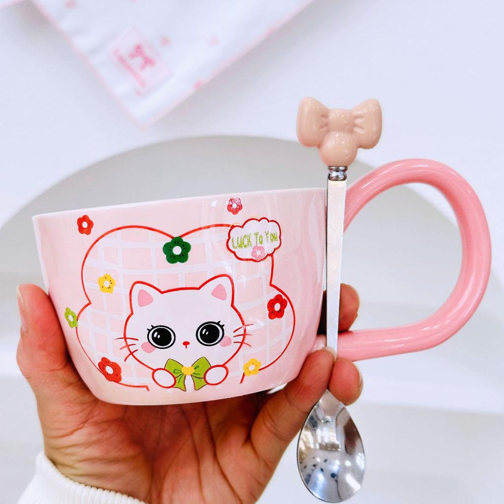 Kitten with Spoon Cute Cartoon High Value Large Capacity Souvenir Mug Girl Couple Ceramic Cup Set