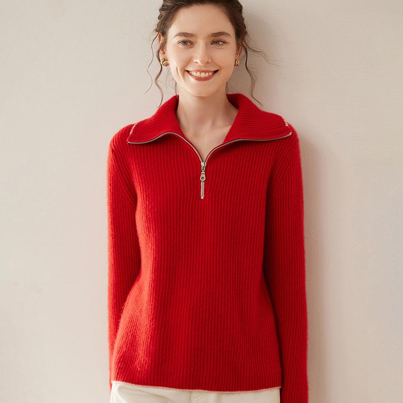 Women's Cashmere Half-Zip High Neck Loose Pullover Sweater