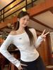 Autumn Super Good-looking Ootd White Slanted Shoulder Embroidered Bow Long-sleeved T-shirt Women's Off-the-shoulder Slim-fit Top
